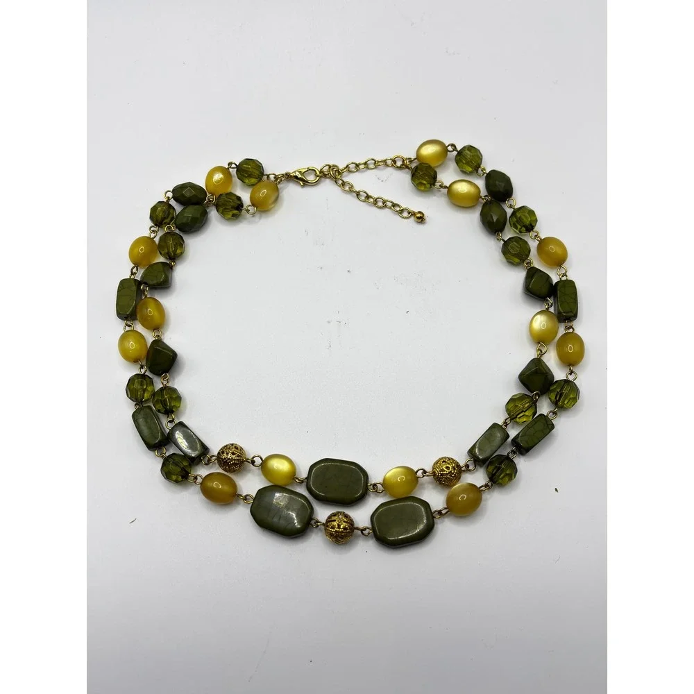 Sonoma Green Beaded Double‎ Strand Necklace Gold Tone Faux Stone Statement 16in